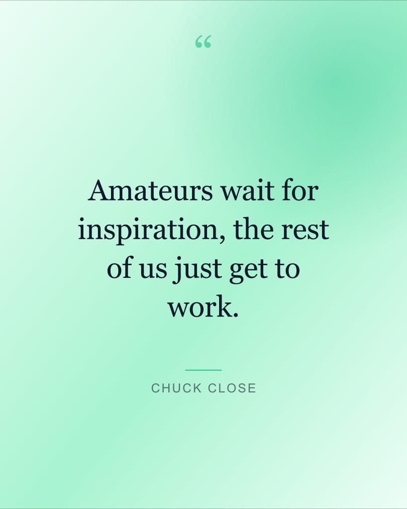Quote wallpaper reading "Amateurs wait for inspiration, the rest of us just…" on a mint and pale sky background, HD, 4:5 format