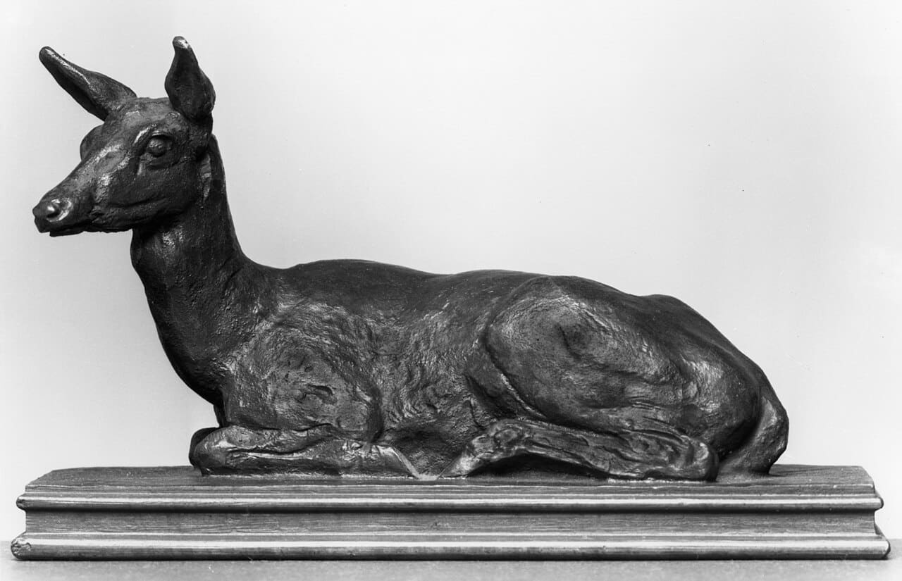 Antoine-Louis Barye - Doe Lying Down - Walters 2730 wallpaper in lavender and charcoal tones, Full HD, 16:9 format for phone
