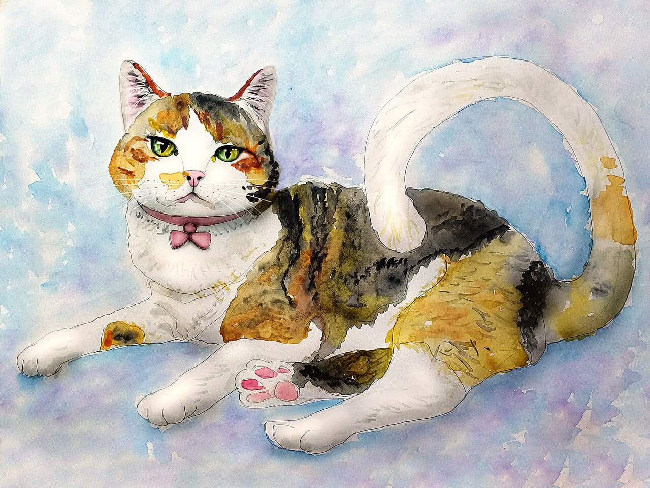Cat watercolor wallpaper in lavender and sand tones, Full HD, 4:3 format for phone