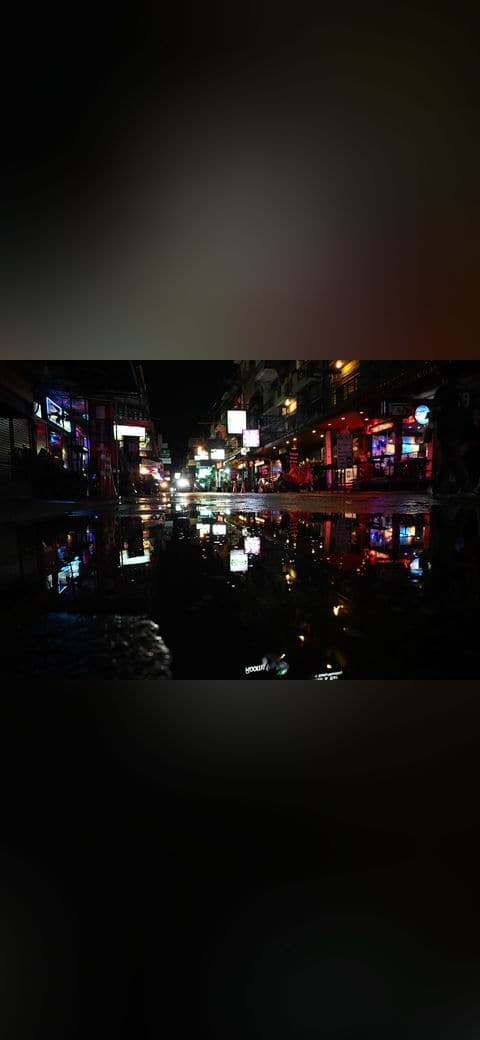 DFC 0505 Neon-lit city street at night reflected in… wallpaper in near-black and near-black tones, Full HD, 4:3 format for phone