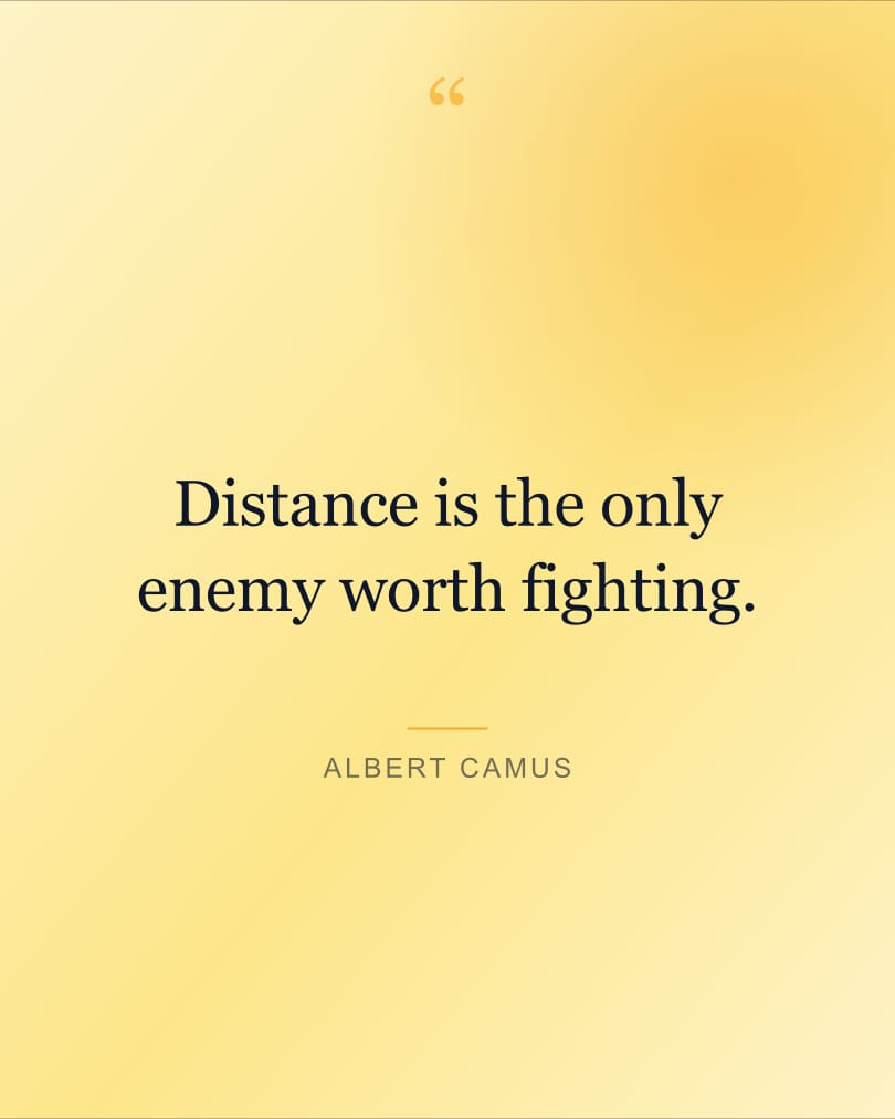 Quote wallpaper reading "Distance is the only enemy worth fighting." on a cream and blush background, HD, 4:5 format