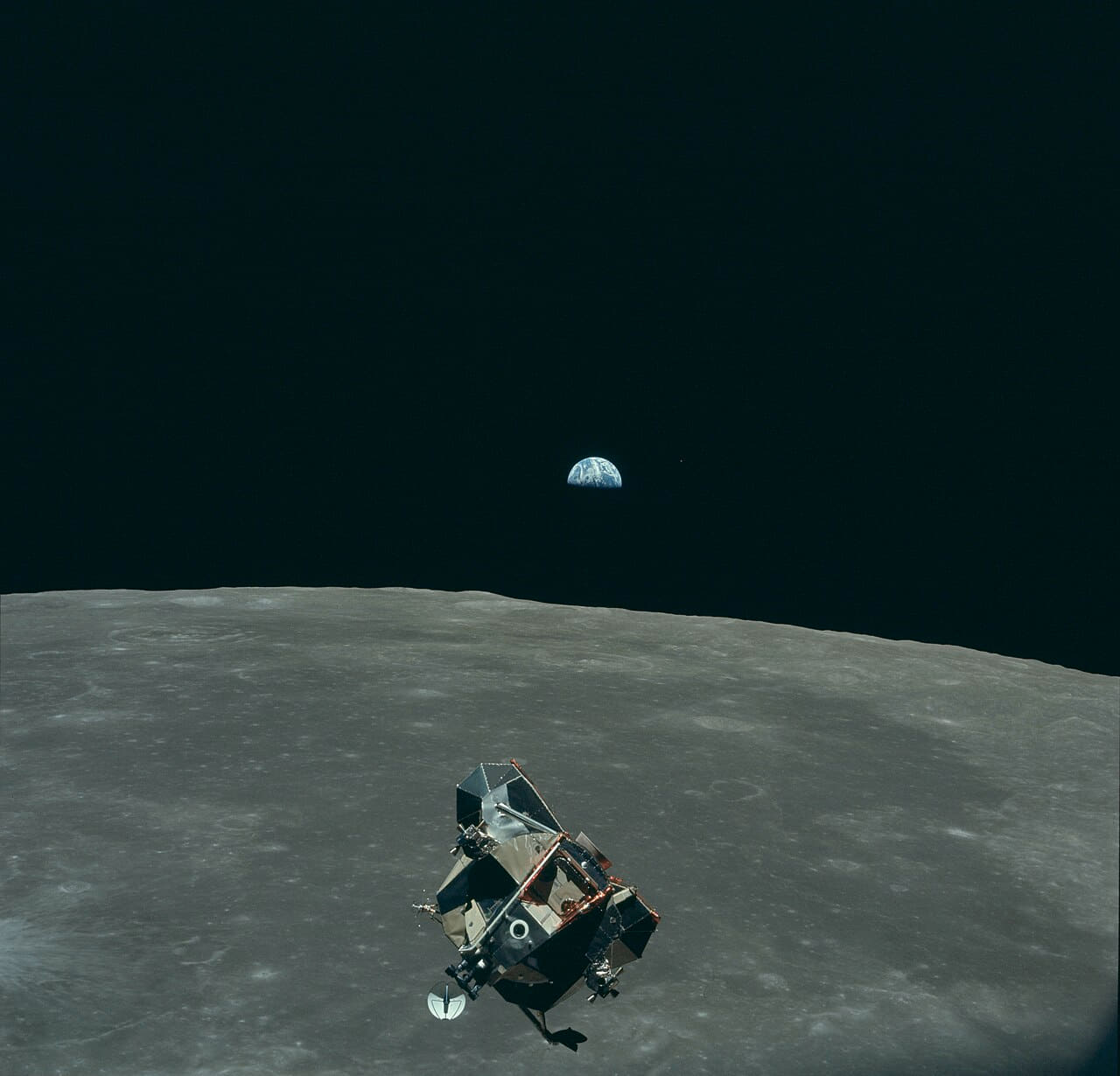 Earth, Moon and Lunar Module, AS11-44 wallpaper in near-black and olive tones, Full HD, 1:1 format for phone