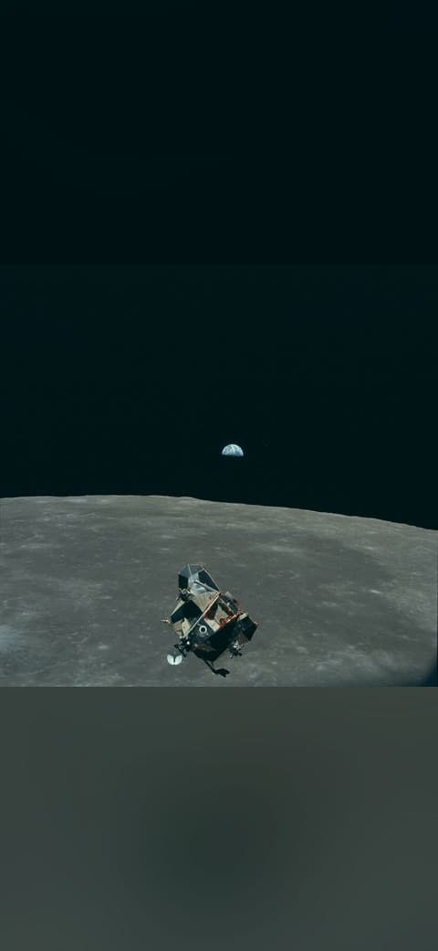 Earth, Moon and Lunar Module, AS11-44 wallpaper in near-black and olive tones, Full HD, 1:1 format for phone