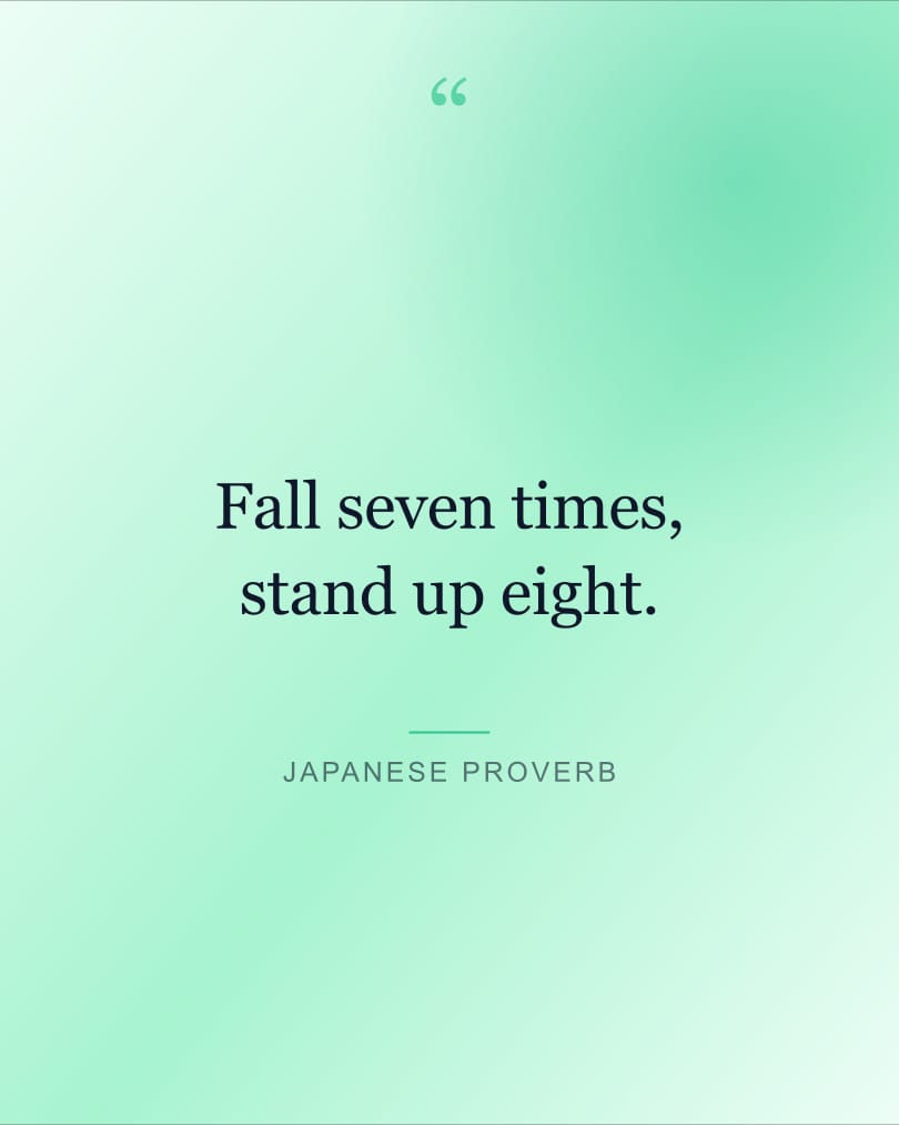Quote wallpaper reading "Fall seven times, stand up eight." on a mint and pale sky background, HD, 4:5 format
