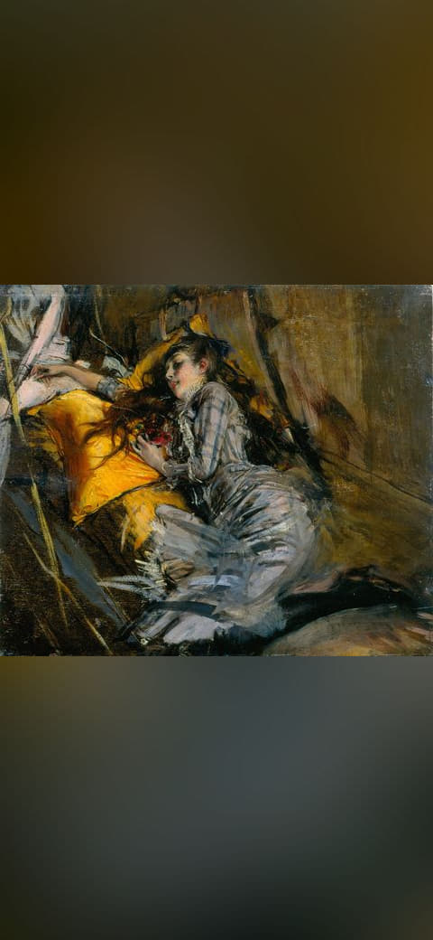 Girl lying down in plaid dress , by Giovanni Boldini wallpaper in charcoal and near-black tones, Full HD, 4:3 format for phone