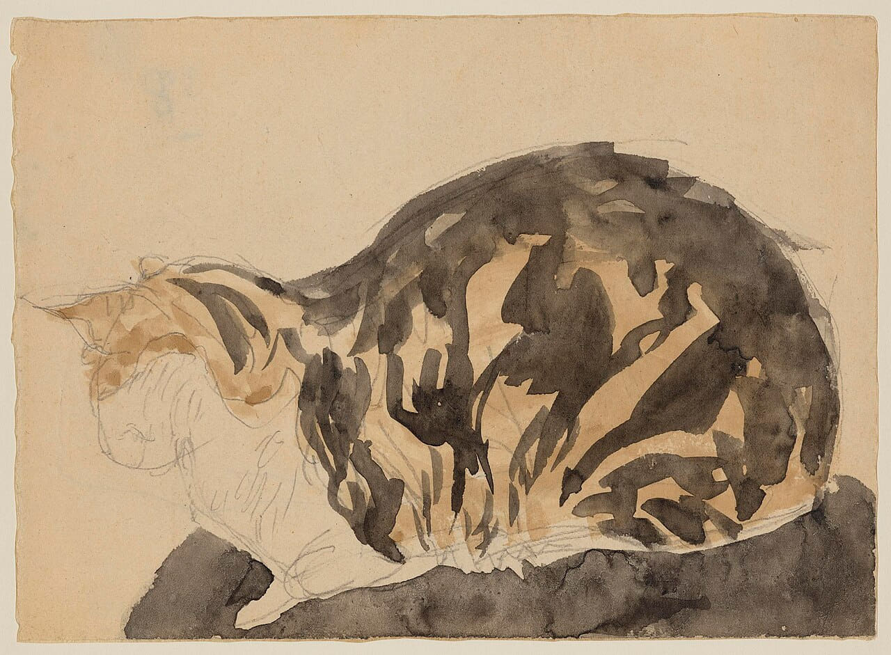 Gwen John - Cat lying down, NMW A 15588 wallpaper in sand and olive tones, Full HD, 4:3 format for phone