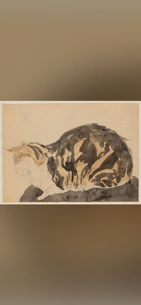 Gwen John - Cat lying down, NMW A 15588 wallpaper in sand and olive tones, Full HD, 4:3 format for phone