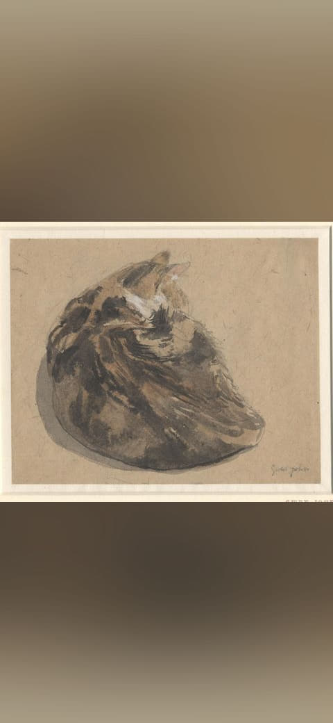 Gwen John - Sleeping tortoiseshell cat; seen from… wallpaper in sand and lavender tones, Full HD, 4:3 format for phone