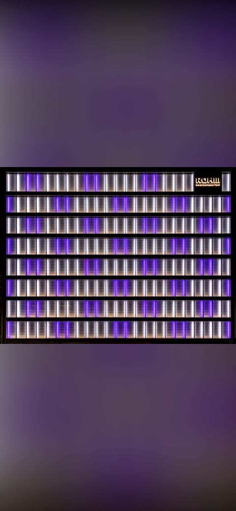 Illuminated white and purple facade of the office… wallpaper in near-black and sand tones, Full HD, 4:3 format for phone