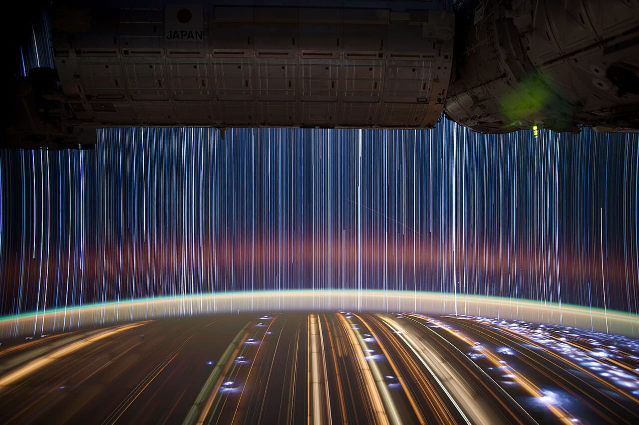 International Space Station star trails -… wallpaper in near-black and charcoal tones, Full HD, 4:3 format for phone