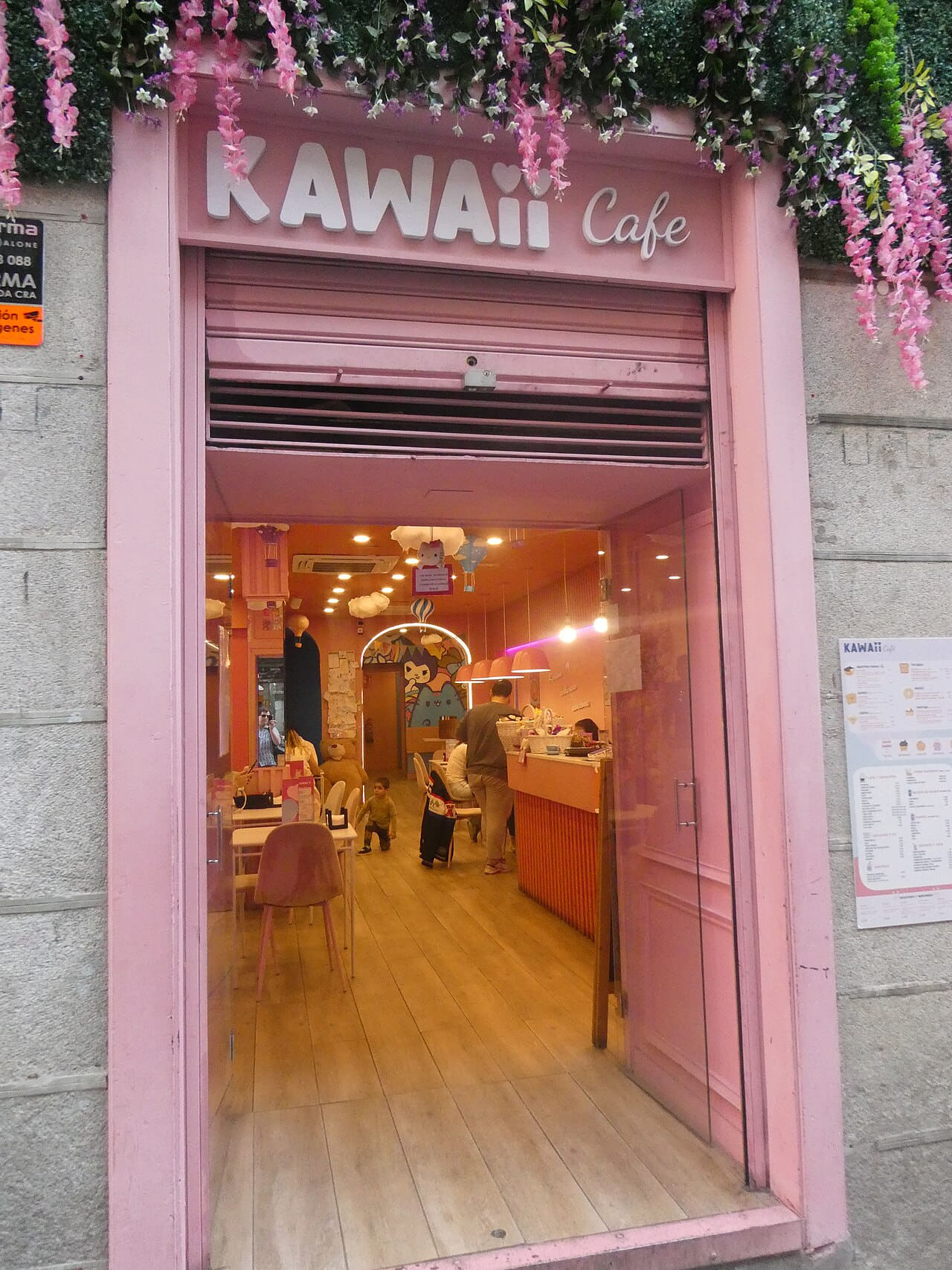 Kawaii cafe, Madrid wallpaper in sage green and sand tones, Full HD, 3:4 format for phone