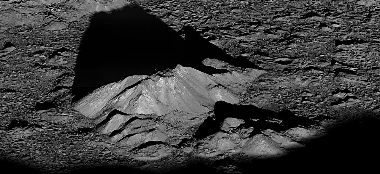 LRO Tycho Central Peak wallpaper in charcoal and near-black tones, Full HD, 21:9 format for phone