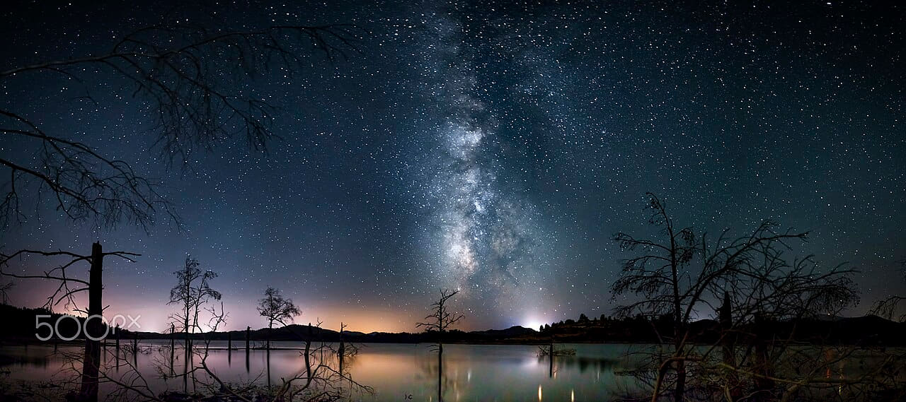 Milky Way Panorama wallpaper in near-black and deep green tones, Full HD, 21:9 format for phone