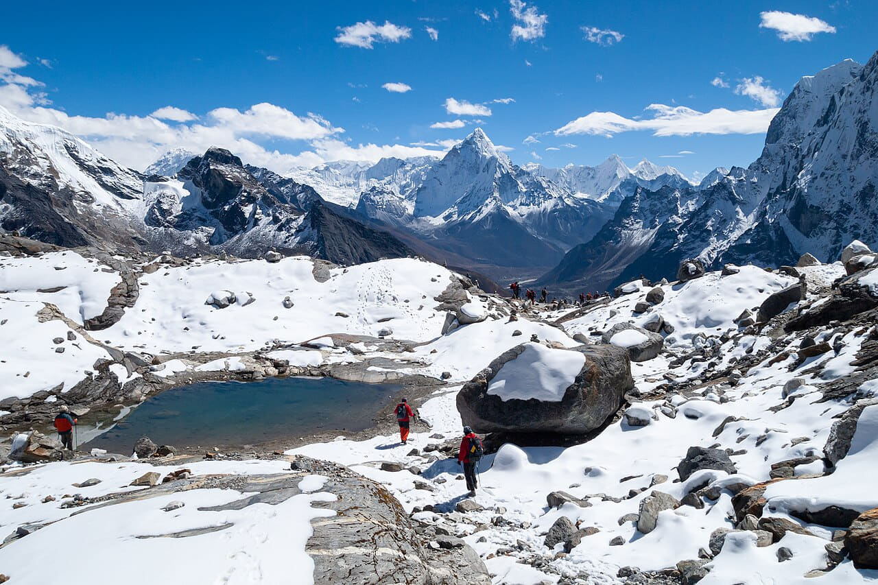 Mountains in snow, Mountain lake, Chola Valley,… wallpaper in lavender and teal tones, Full HD, 4:3 format for desktop