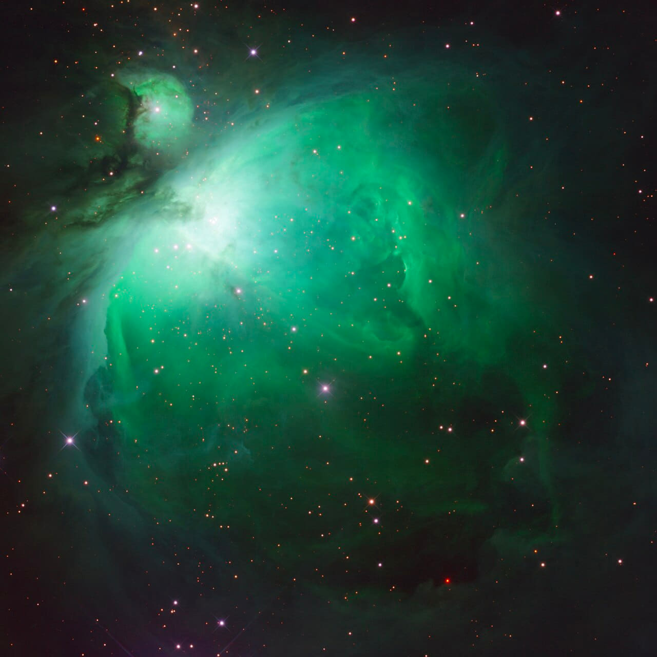 Orion Nebula, HaIRG+B, 2x2 mosaic wallpaper in near-black and deep green tones, Full HD, 1:1 format for desktop