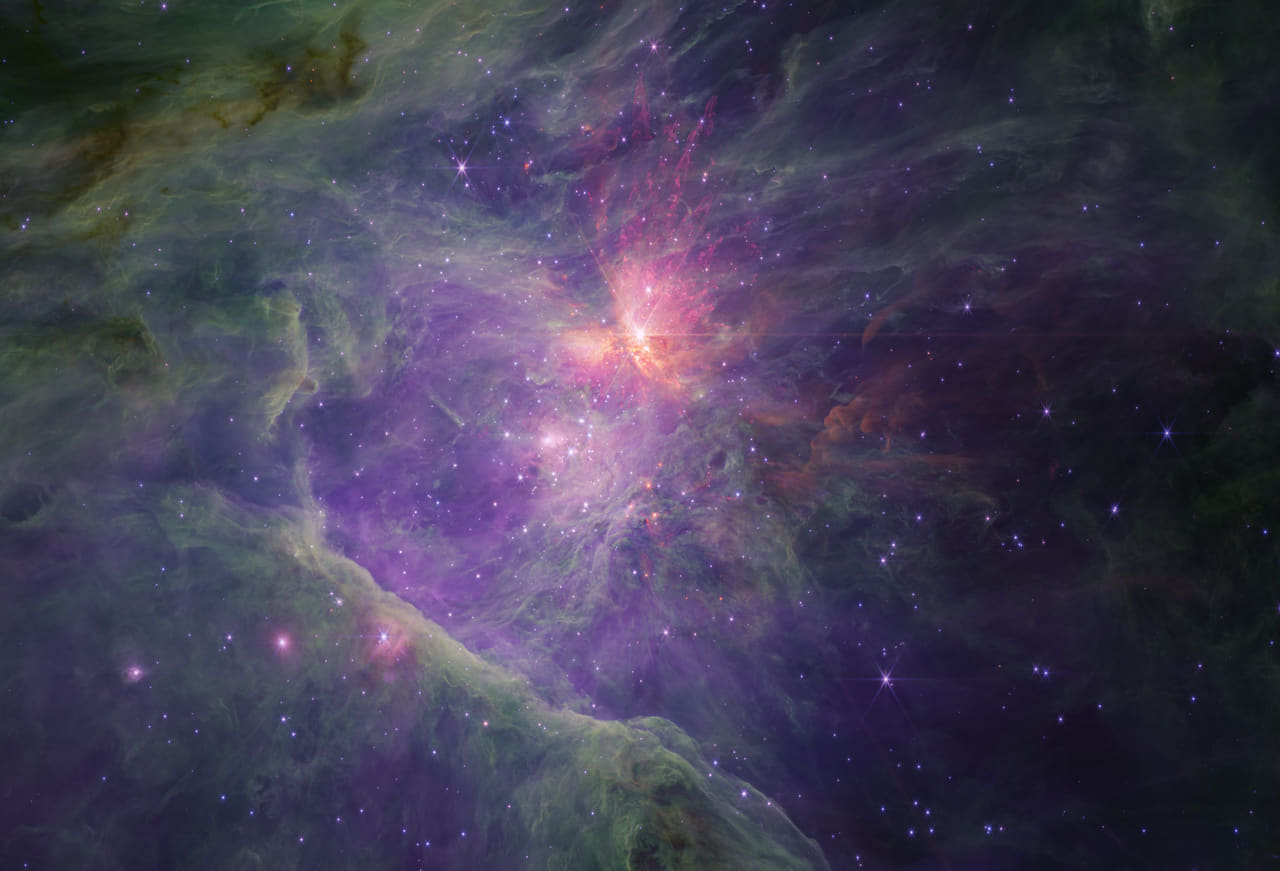 Orion Nebula in NIRCam long-wavelength channel wallpaper in near-black and charcoal tones, Full HD, 4:3 format for desktop