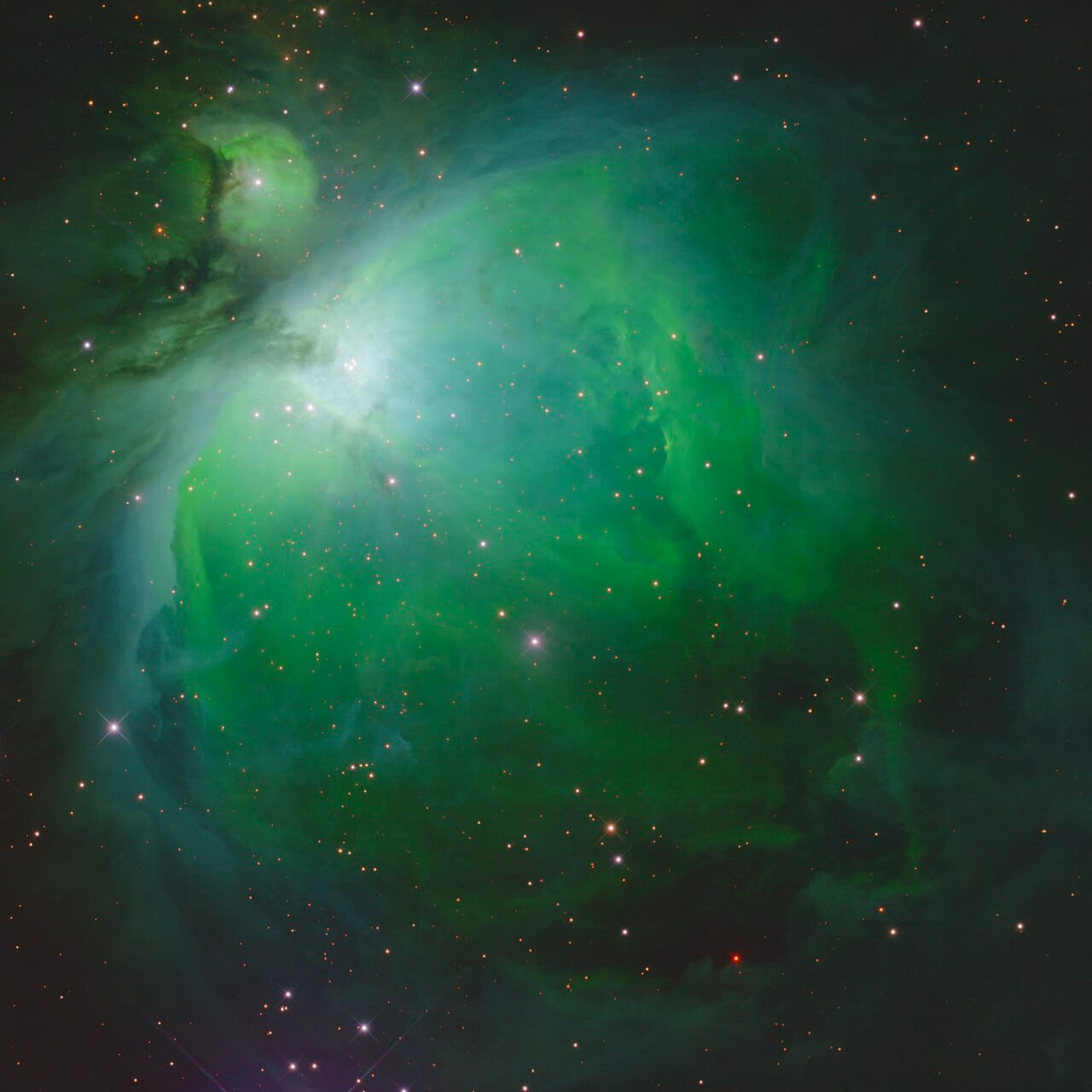 Orion Nebula multiband 2x2 mosaic - HaIR OIII wallpaper in charcoal and deep green tones, Full HD, 1:1 format for desktop