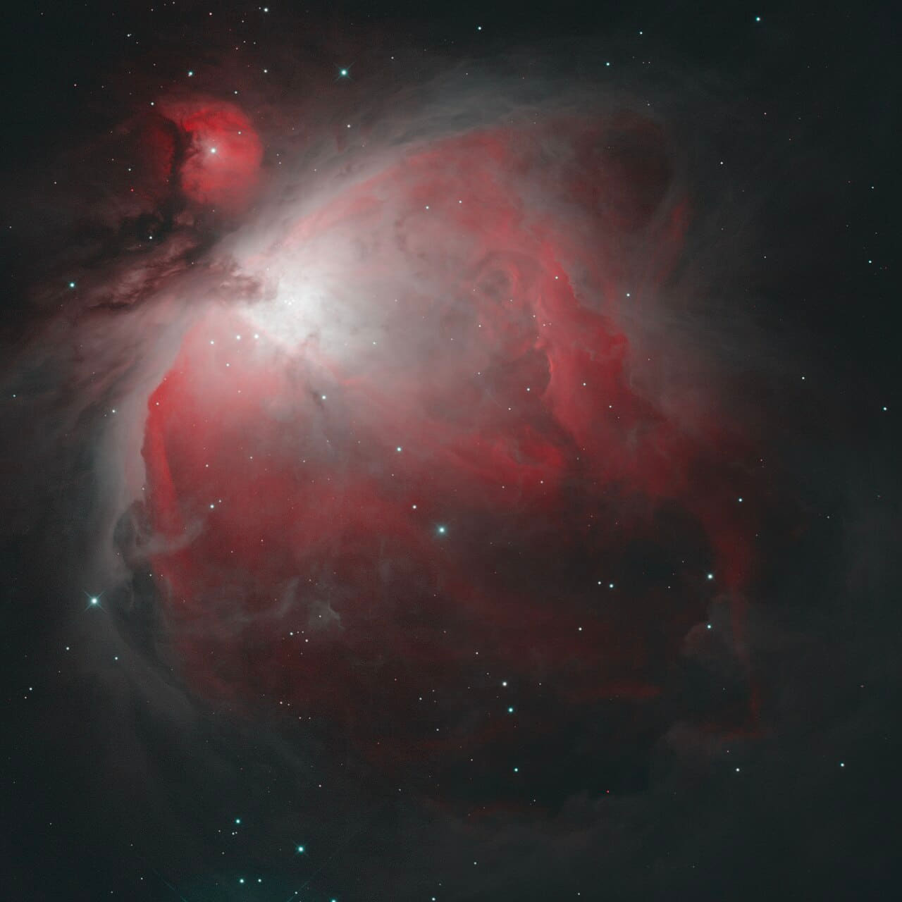Orion Nebula multiband 2x2 mosaic - HOO wallpaper in near-black and charcoal tones, Full HD, 1:1 format for desktop