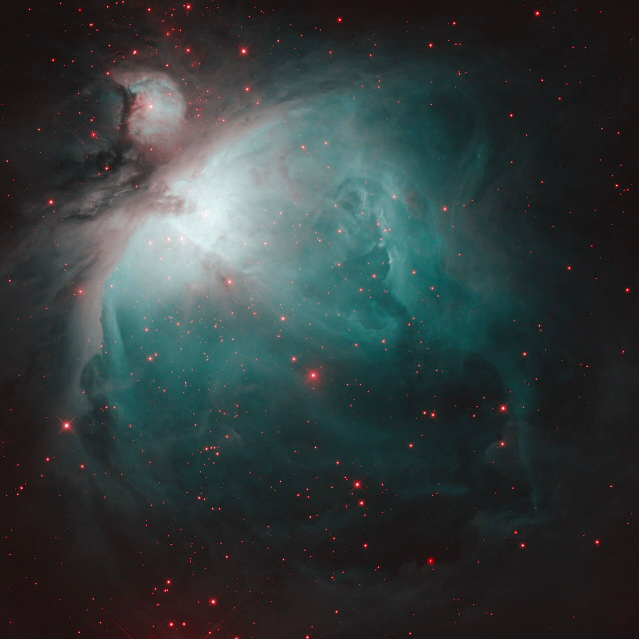 Orion Nebula multiband 2x2 mosaic - IHH wallpaper in near-black and deep green tones, Full HD, 1:1 format for desktop
