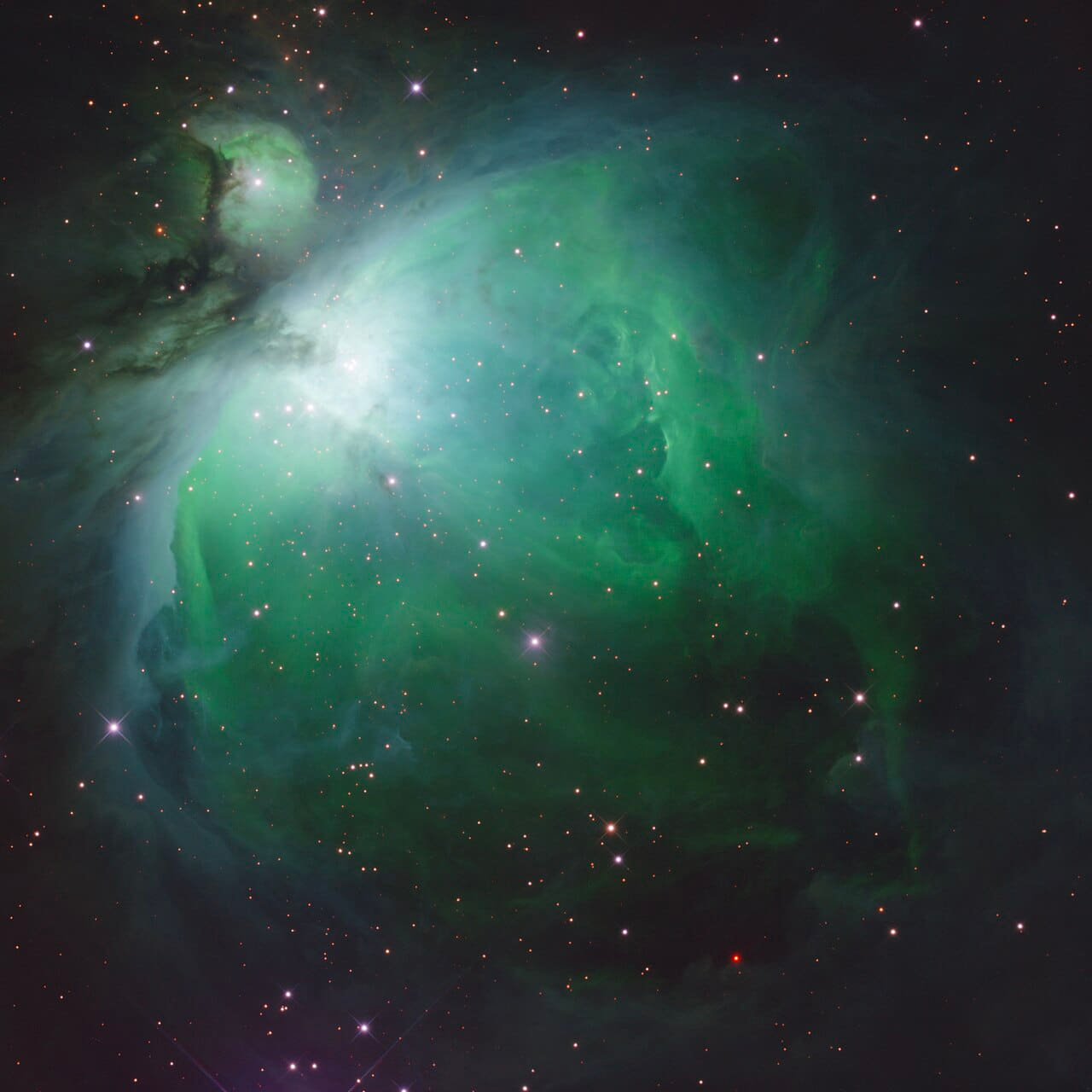 Orion Nebula multiband 2x2 mosaic - IR wallpaper in near-black and deep green tones, Full HD, 1:1 format for desktop