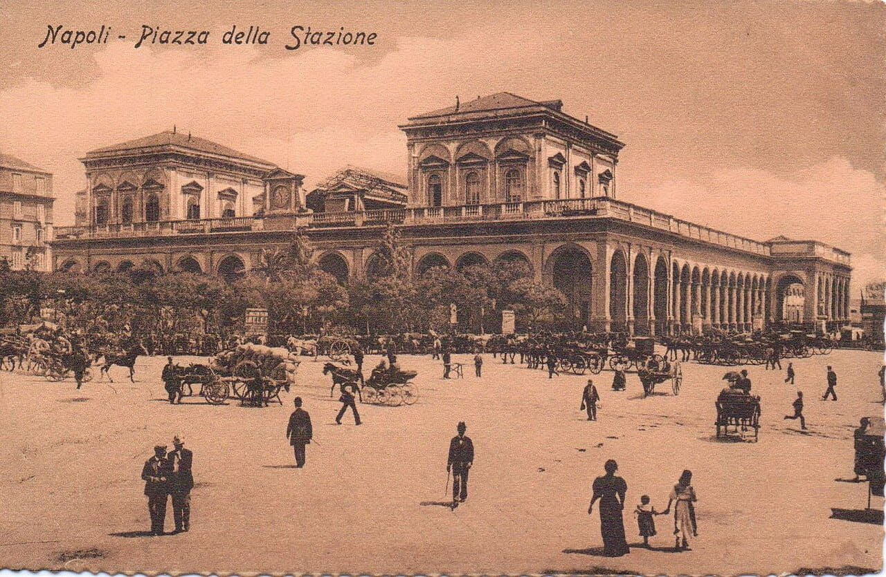 Piazza della Stazione - Old Sepia Postcard - Napoli wallpaper in sand and sand tones, Full HD, 4:3 format for phone