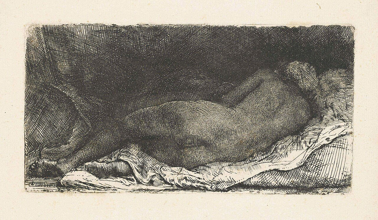 Rembrandt - Negress Lying Down, 1658 wallpaper in cream and charcoal tones, Full HD, 16:9 format for phone