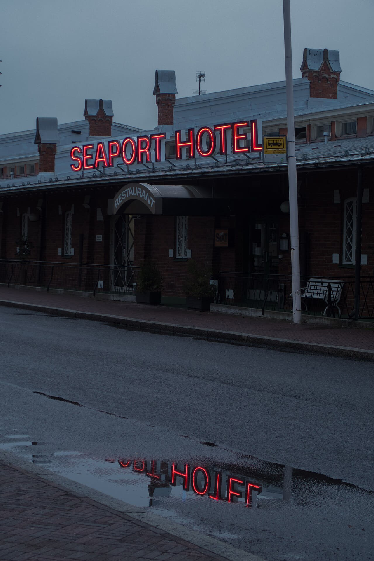 Seaport Hotel neon sign reflection wallpaper in charcoal and charcoal tones, Full HD, 3:4 format for phone