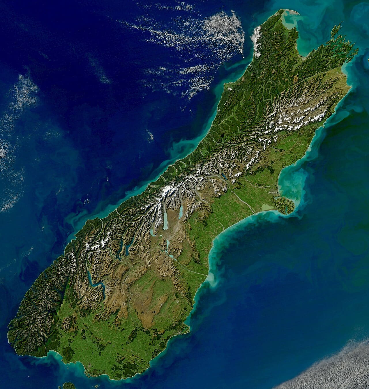 South Island satelite photo wallpaper in deep green and midnight blue tones, Full HD, 1:1 format for phone
