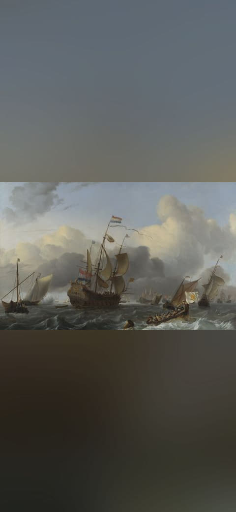 The Eendracht and a Fleet of Dutch Men-of-war wallpaper in sage green and slate tones, Full HD, 16:9 format for phone