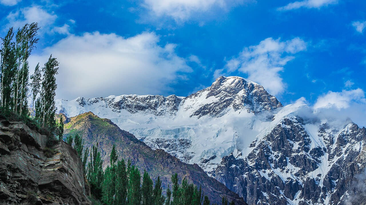 Ultar peak Karimabad Hunza wallpaper in teal and sky blue tones, Full HD, 16:9 format for desktop