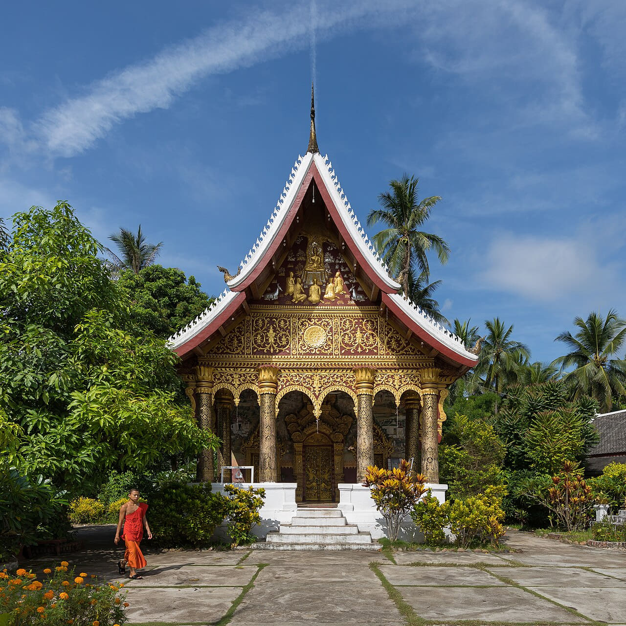Vat Pa Phai temple with a Buddhist monk, orange… wallpaper in slate and charcoal tones, Full HD, 1:1 format for phone
