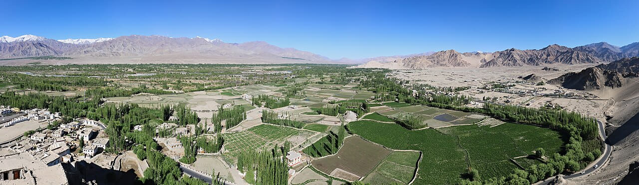 View of Indus Valley from Thikse Gompa, Ladakh,… wallpaper in olive and steel blue tones, Full HD, 21:9 format for desktop