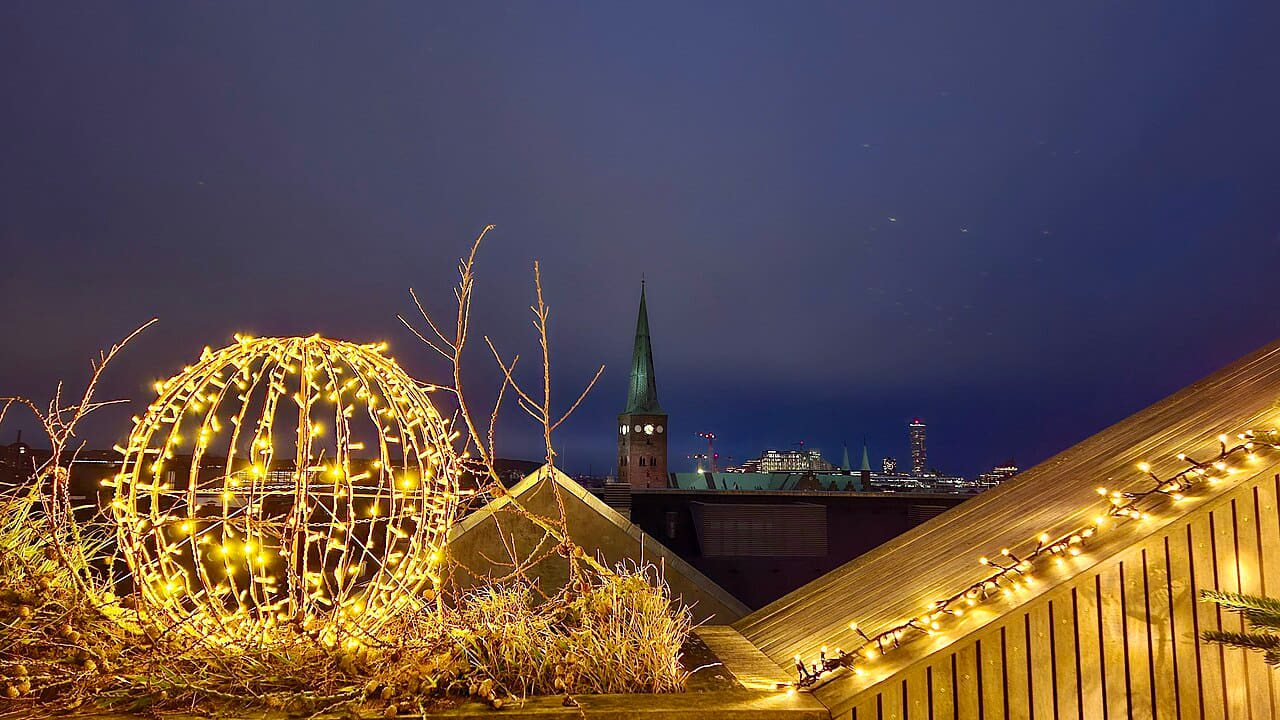 View with Christmas lights 2025 Salling Rooftop 04 wallpaper in charcoal and charcoal tones, Full HD, 16:9 format for phone