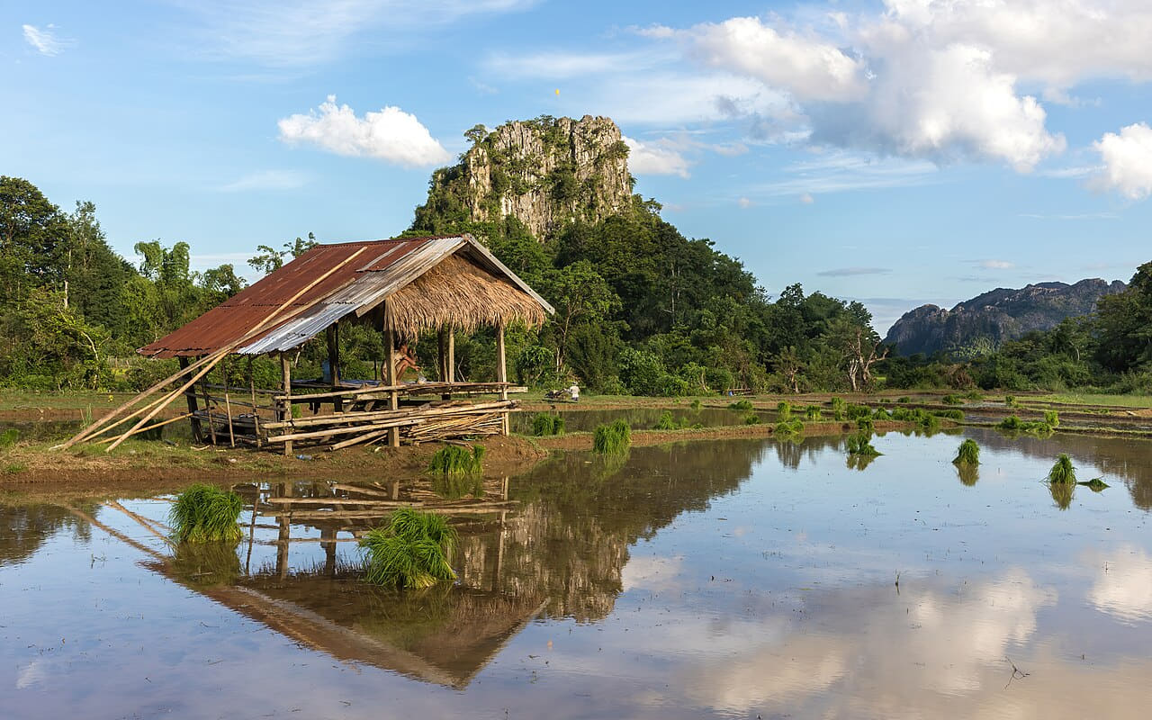 Water reflection of mountains and hut in a paddy… wallpaper in sky blue and charcoal tones, Full HD, 16:9 format for phone