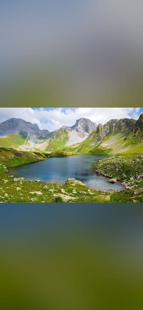 Zagedan Lakes, Mountain cirque, Caucasus Mountains wallpaper in olive and olive tones, Full HD, 4:3 format for desktop